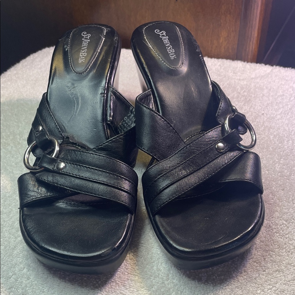St. John’s Bay Black Leather Sandal Mules with Silver Accents